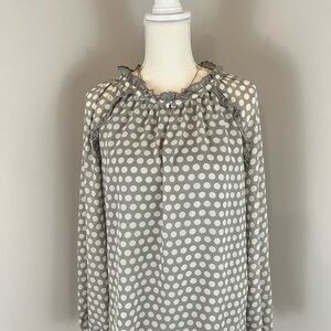 Rose & Olive Gray Ruffled Blouse with White Polka Dots size Small